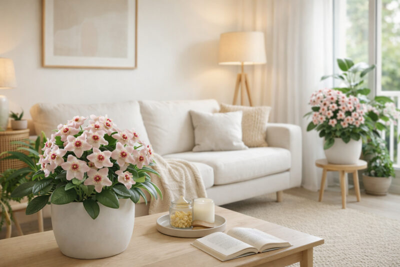 Svetao dnevni boravak sa bež sofom i drvenim stočićem na kojem se nalazi saksija sa ružičastim cvetovima hoje
