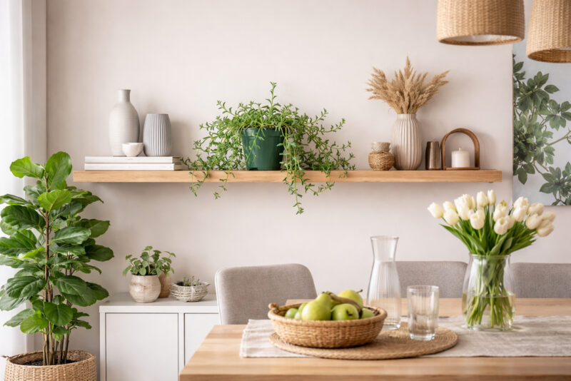 Svetla, moderno uređena trpezarija sa drvenom zidnom policom na kojoj stoji biljka String of Dolphins u zelenoj saksiji, sa spuštenim, visećim granama