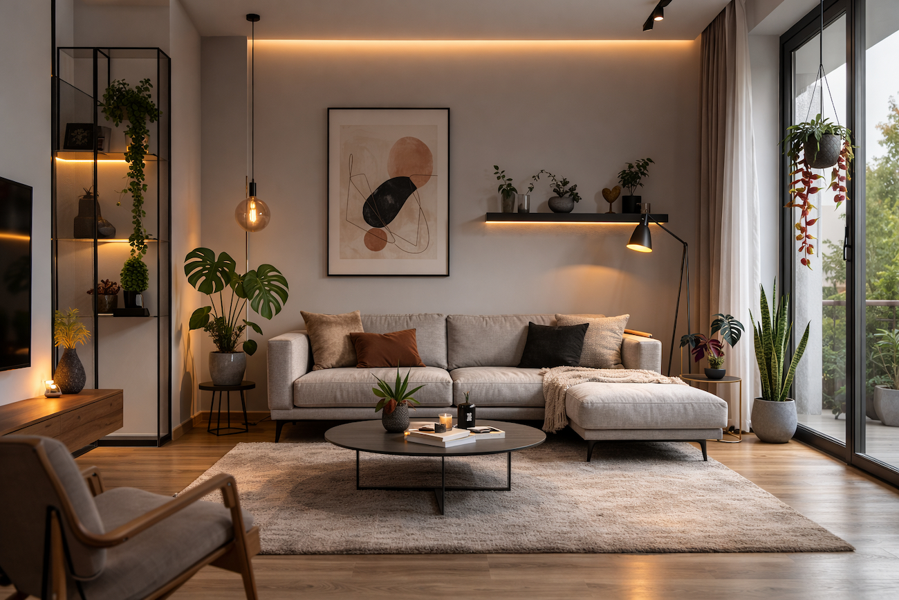 Moderan dnevni boravak u skandinavskom stilu sa sivom ugaonom garniturom, niskim okruglim stočićem i nekoliko proporcionalno uklopljenih sobnih biljaka pored velikog prozora