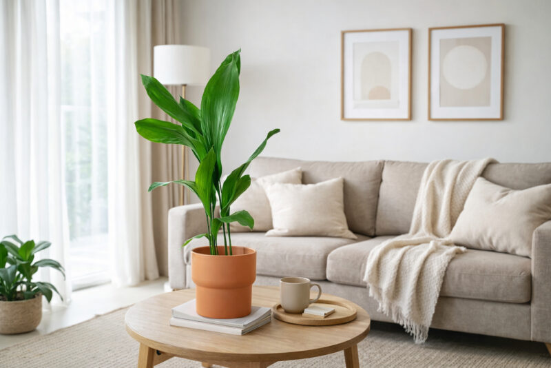 Svetao moderan dnevni boravak sa aspidistrom u terakota saksiji na drvenom klub stolu ispred bež sofe
